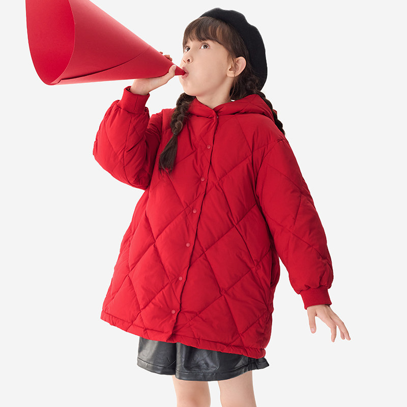 纯一良品女童绗缝菱格中长款羽绒服连帽2025冬装小孩保暖外套红色