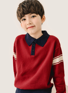纯一良品童装翻领毛衣秋冬 男童针织衫小学生红色POLO衫110-170码