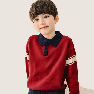 纯一良品童装翻领毛衣秋冬 男童针织衫小学生红色POLO衫110-170码