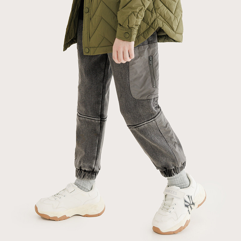 【加绒加厚】纯一良品男童个性潮酷牛仔裤冬 小孩澳粒绒束脚长裤