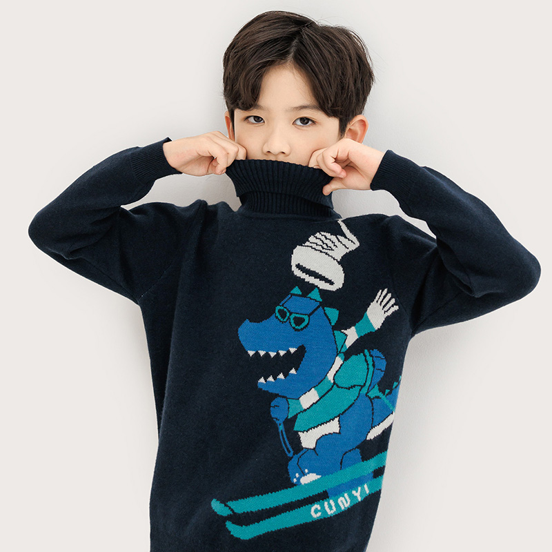 纯一良品童装男童毛衣男孩秋冬新品中大童恐龙提花翻折高领打底衫