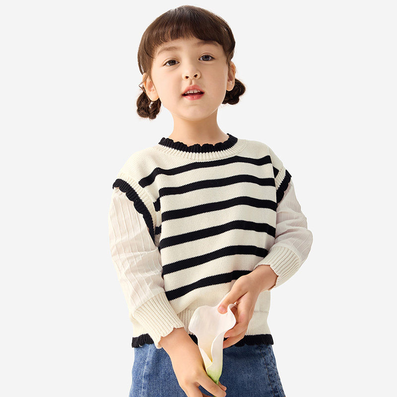 纯一良品童装女童毛衣女孩秋季新款中小童甜美波浪领条纹假两件潮