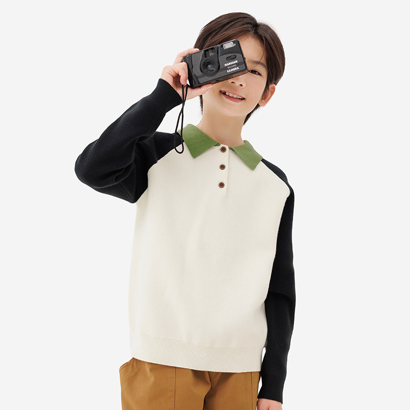 纯一良品童装男女童翻领撞色毛衣春秋 小孩POLO针织衫学院风3-9岁