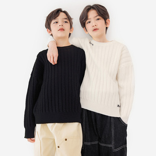 【复古绞花】纯一良品男童圆领黑白毛衣秋冬 中学生针织衫简约9岁