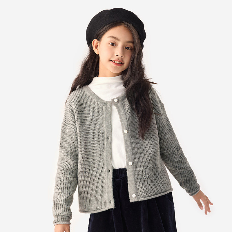 纯一良品童装女童针织开衫女孩秋季新款中大童复古华夫格毛衣外套