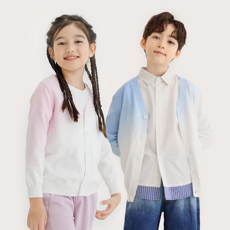 全棉/不起球 纯一良品男女童针织开衫春秋 儿童渐变v领毛衣外套薄