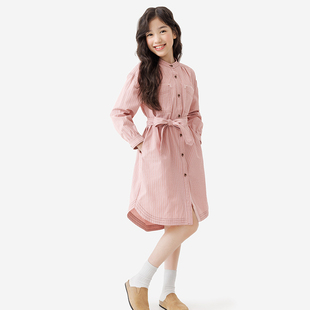 纯一良品童装女童韩系条纹衬衫连衣裙春秋 少年长袖直筒裙子粉色