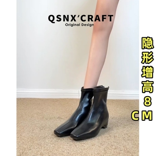 真皮版~韩版方头短靴女2025秋冬小个子内增高瘦瘦靴百搭小踝靴子