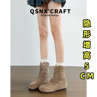 全牛皮~内增高靴子女2025新款卡其色短靴褶皱堆堆靴小个子勃肯鞋