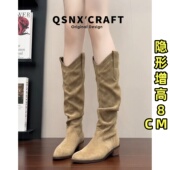 爆款 羊皮版 内增高尖头长筒靴女2025新款 卡其色长靴小个子堆堆靴