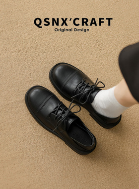 羊皮版~英伦风乐福鞋女2025新款黑色系带圆头百搭小皮鞋低跟单鞋