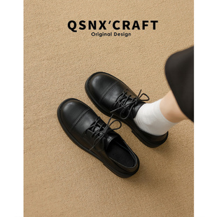 羊皮版~英伦风乐福鞋女2025新款黑色系带圆头百搭小皮鞋低跟单鞋