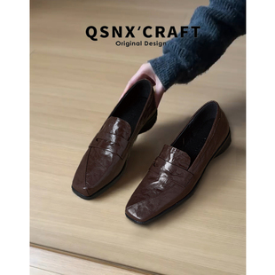 羊皮~方头乐福鞋女2025新款一脚蹬通勤单鞋棕色粗跟英伦风小皮鞋