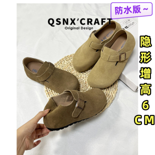 真皮防水~内增高勃肯鞋女2025秋新款爆款全包鞋子小个子厚底单鞋