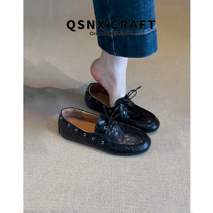 软羊皮版~软底乐福鞋女2025新款黑色圆头系带平底小皮鞋通勤单鞋