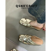 女2025超火外穿夏季 羊皮版 内增高包头拖鞋 镂空凉拖编织方头半拖