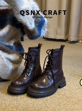 牛皮版~厚底马丁靴女2025新款爆款增高短靴小个子黑色英伦风靴子