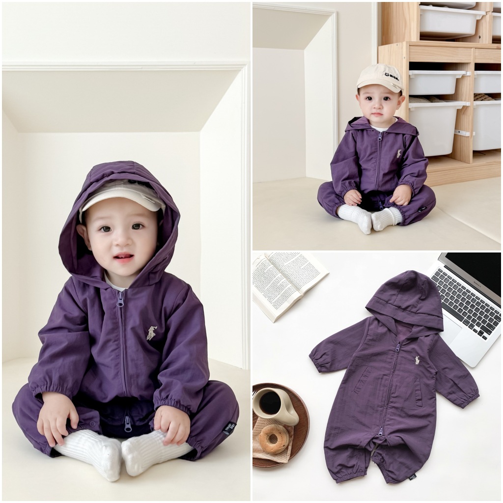 ins婴幼儿宝宝冲锋衣爬服新生儿连帽双层长袖爬服外出连体衣