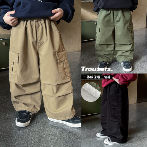 儿童一体绒秋冬季保暖工装裤子男童韩版休闲百搭贴袋打杆工装裤