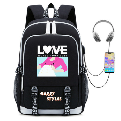 2020新款大容量双肩书包Harry Styles印花USB充电背包电脑背包