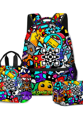 3D新品几何冲刺 Geometry Dash 书包背包午餐包笔袋三件套