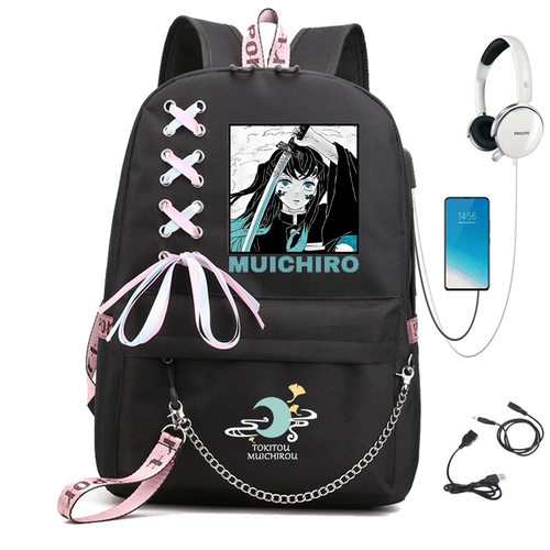 时透无一郎 鬼灭之刃印花书包链条牛津布学生户外双肩背包1107-31