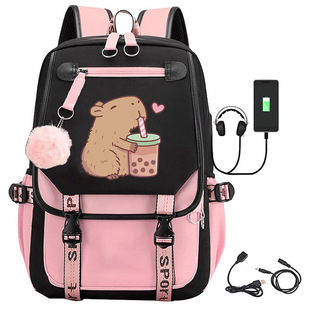 卡皮巴拉Capybara印花USB双肩背包中学生户外旅行书包