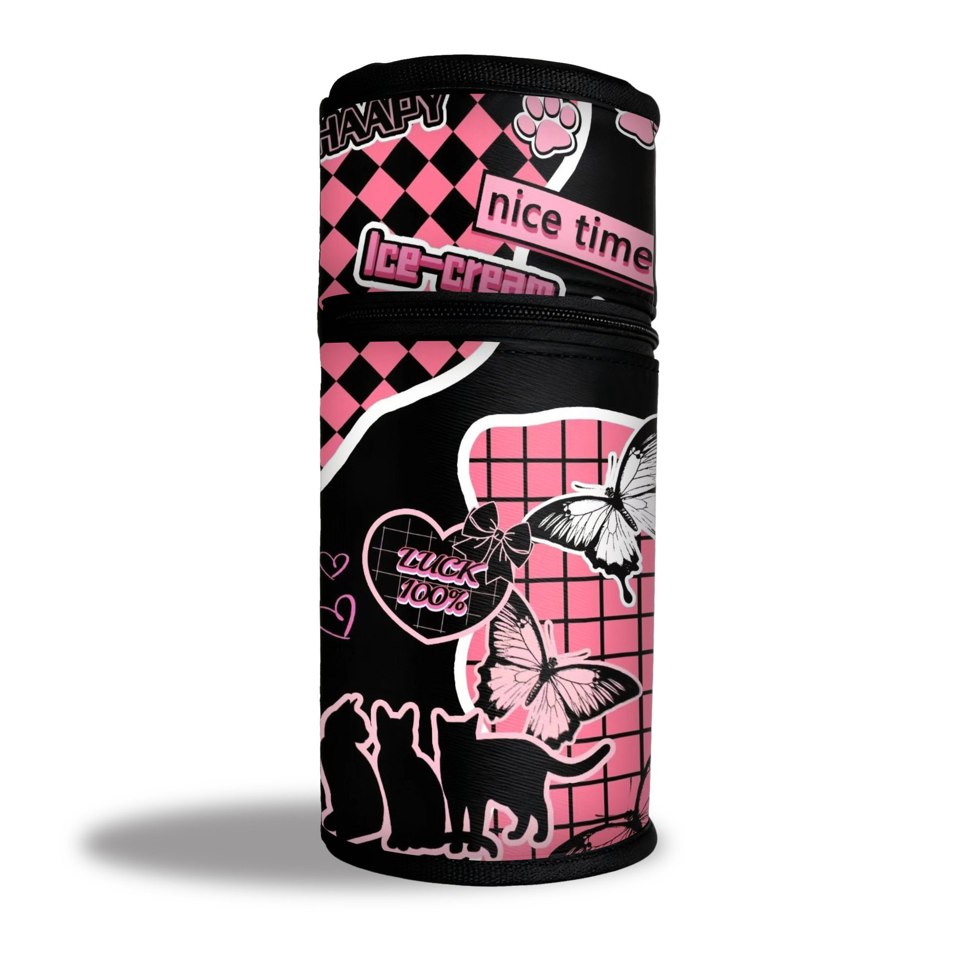 新款蝴蝶圆筒笔袋学生ins大容量立体收纳笔盒多功能双拉头文具盒