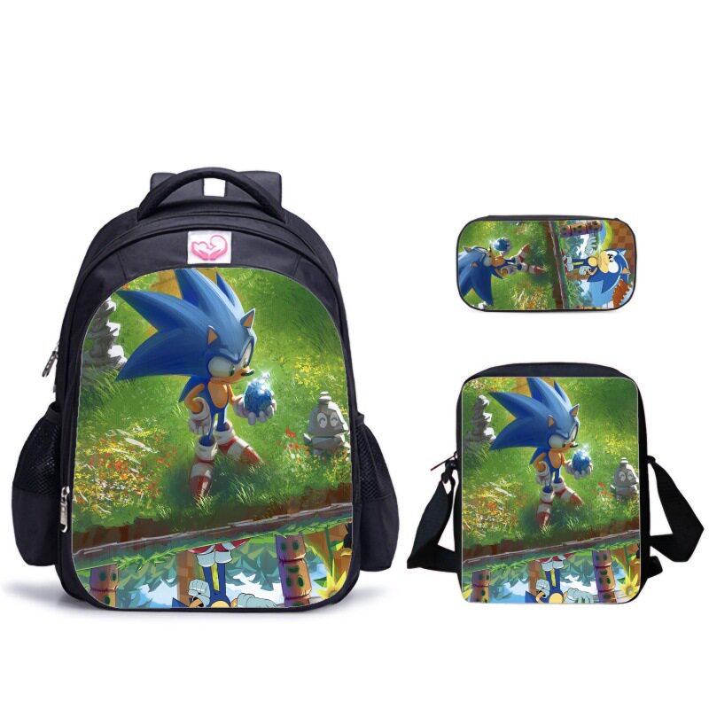 外贸热销三件套书包＋竖款挎包＋笔袋索尼克sonic卡通印花周边