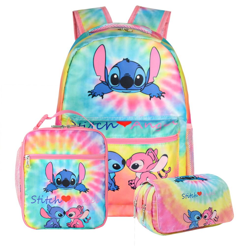 批发现货新款史迪仔双肩包三件套全印花书包小学生大容量背包代发