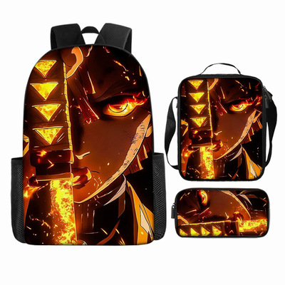 跨境新品鬼灭之刃 DemonSlayer小学生卡通印花背包三件套儿童书包