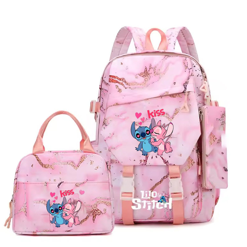 跨境新品史迪仔双肩包三至六年级女生粉色书包手提午餐包文具笔袋