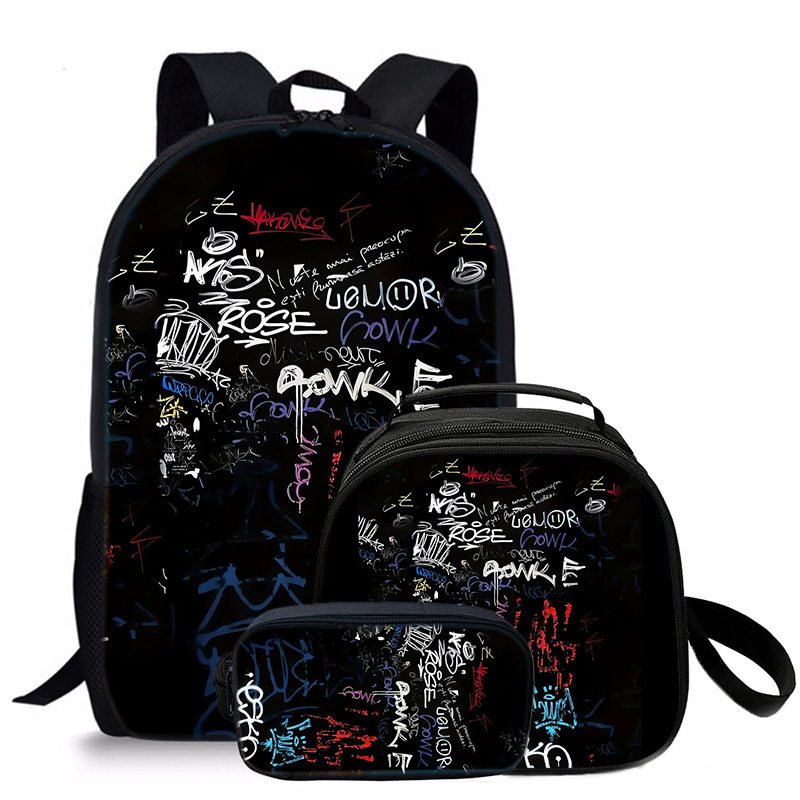 英文涂鸦DIY学生儿童书包三件套双肩包餐包笔袋