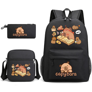 Temu爆款capybara卡皮巴拉印花学生书包双肩背包单肩笔袋三件套