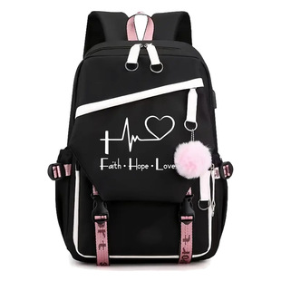 Temu爆款Faith Hope Love印花双肩包户外旅行背包中小学生书包