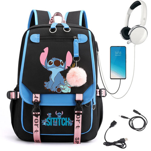 速卖通热销Stitch可爱校园风书包初高中学生带USB大容量户外背包
