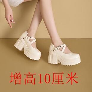 高跟浅口小个子公主鞋 玛丽珍小皮鞋 增高10厘米松糕厚底粗跟女鞋