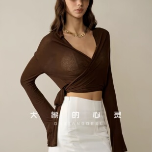 喇叭袖 女透气健身上衣服宽松显瘦弹 瑜伽服女亲肤交叉绑带运动罩衫