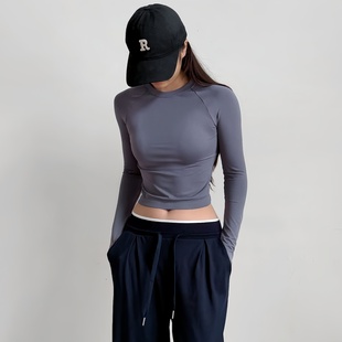 欧美DFYNE四片式长袖瑜伽服圆领运动T恤女紧身高弹健身房上衣速干