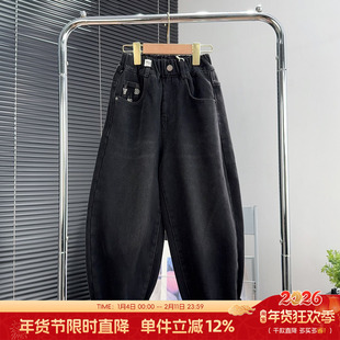 大E小e童装男女童黑色加绒牛仔裤2025冬季大童加厚儿童裤子66655