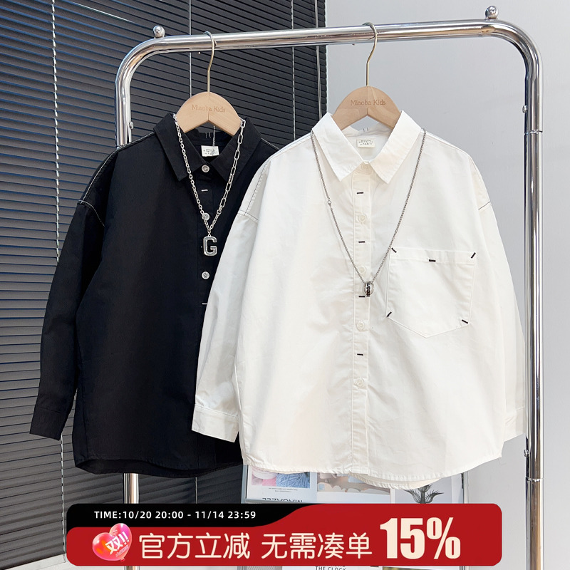 男童白色衬衫中大童黑色长袖衬衣
