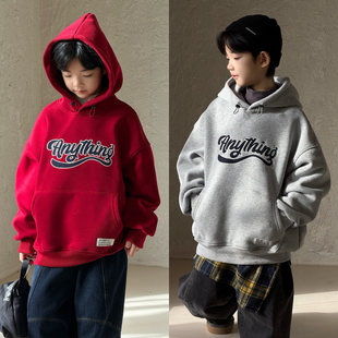 大E小e童装男女童红色加绒卫衣冬季中大童加厚帽衫儿童套头衫1128