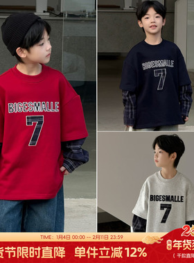大E小e童装男女童长袖T恤2026春季中大童红色卫衣儿童打底衫25265