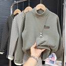 男童条纹加绒打底衫 中大童半高领加厚上衣儿童一体绒T恤 2025冬款