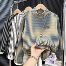 男童条纹加绒打底衫2025冬款中大童半高领加厚上衣儿童一体绒T恤