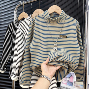 男童条纹加绒打底衫2025冬款中大童半高领加厚上衣儿童一体绒T恤