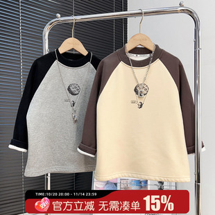 中大童百搭插肩袖 T恤冬装 上衣儿童厚卫衣 男童加绒长袖 大E小e童装
