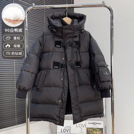 方也童装男童中长款羽绒服冬季中大童白鸭绒连帽外套儿童加厚上衣