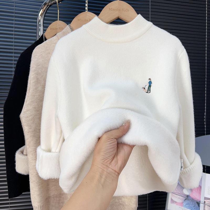 儿童加绒毛衣男童中领水貂绒线衣
