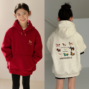 大E小e童装男女童红色加绒卫衣冬季中大童新年款帽衫儿童上衣3786